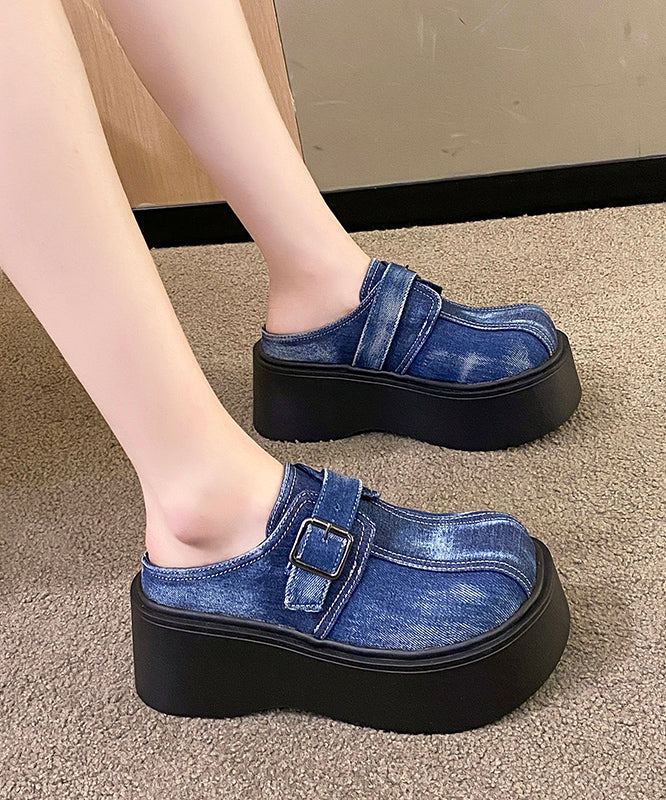 Splicing Platform Blue Cotton Fabric Slide Sandals