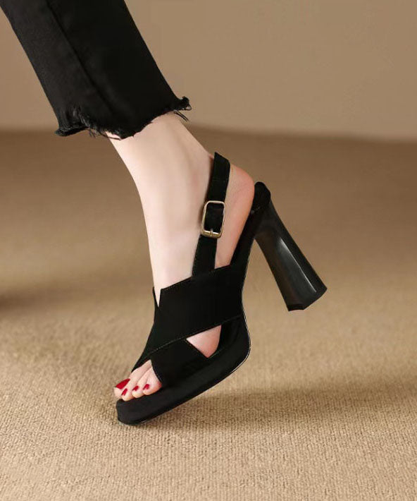 Black Sandals High Heel Sheepskin Splicing Peep Toe Buckle Strap