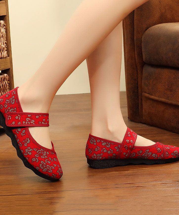 Vintage Print Cotton Fabric Flat Shoes For Buckle Strap Flat Shoes For Women