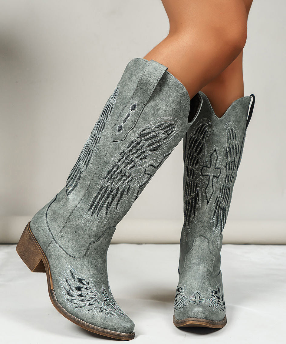 Vintage Chocolate Pointed Toe Embossed Chunky Faux Leather Boots