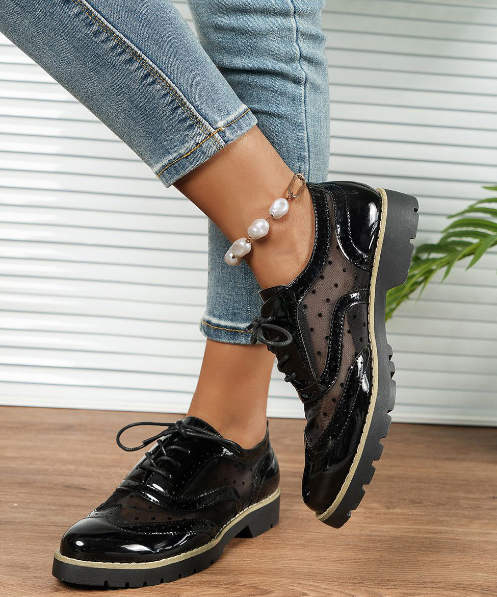 Black Flat Feet Shoes Faux Leather Casual Splicing