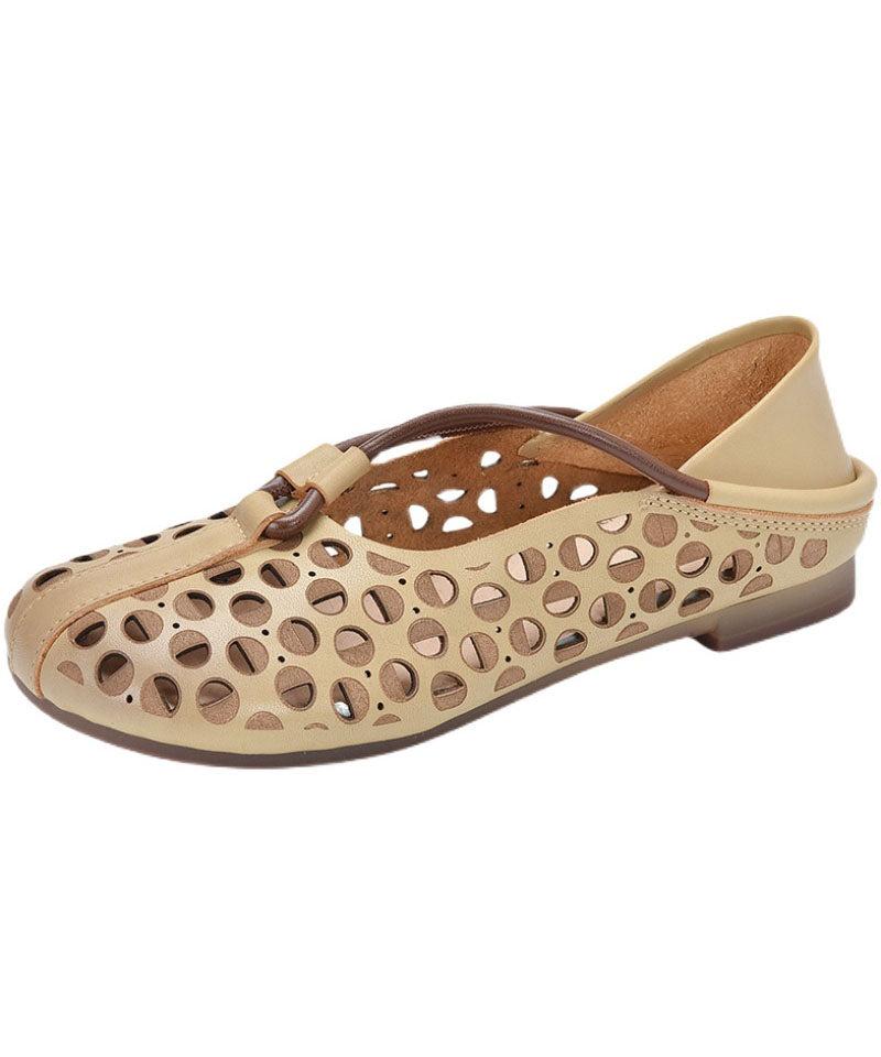 Beige Flat Feet Shoes Cowhide Leather Hollow Out Flat Feet Shoes