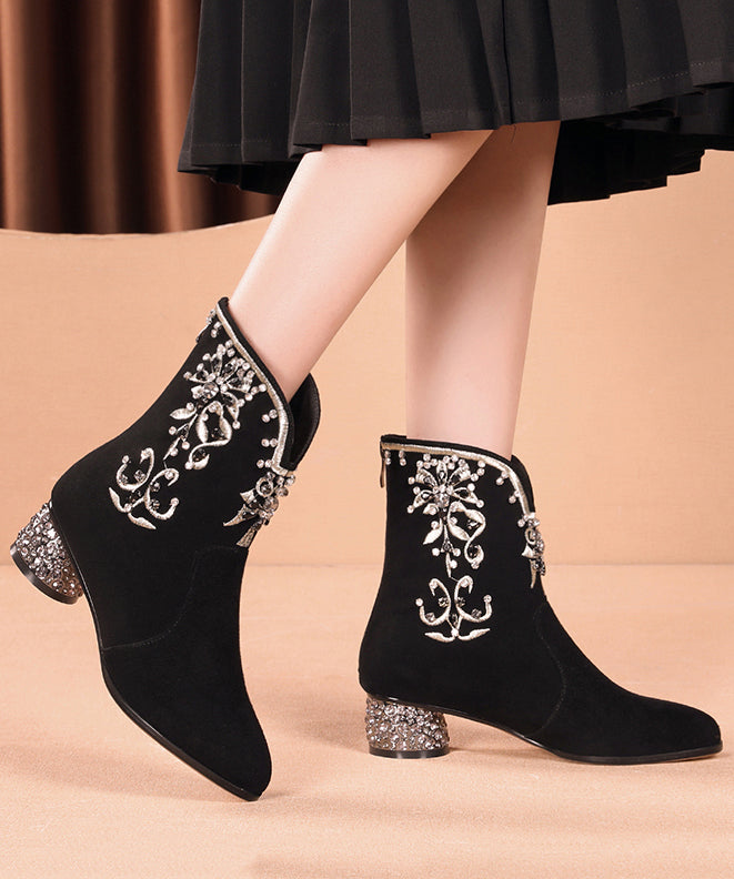 Black Embroidered Zircon Splicing Suede Chunky Boots