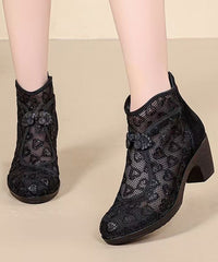 Black Chunky Breathable Mesh Embroidered Retro Splicing Boots