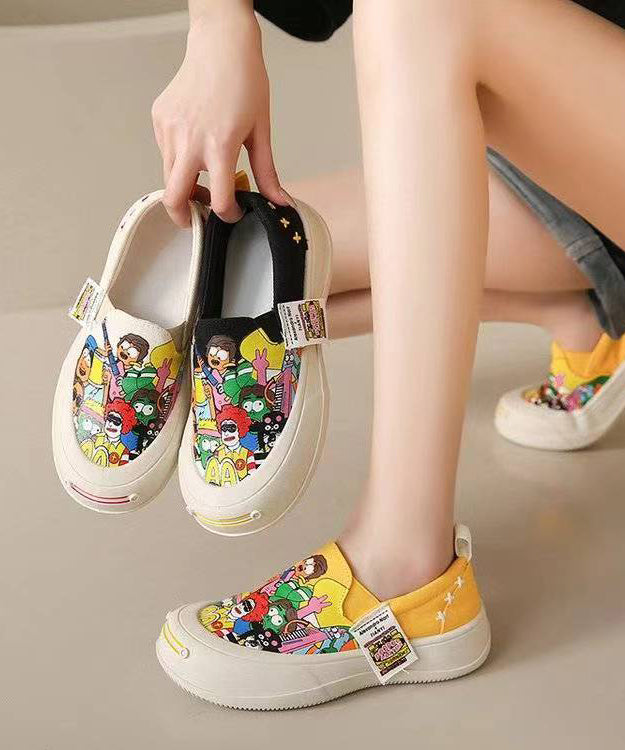 Beige Graffiti Casual Platform Canvas Flat Shoes For