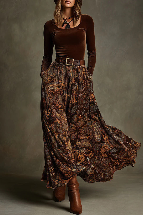 Velvet Long-sleeved Fitted Top and Unique Printed Casual Pocket Maxi Skirt Set
