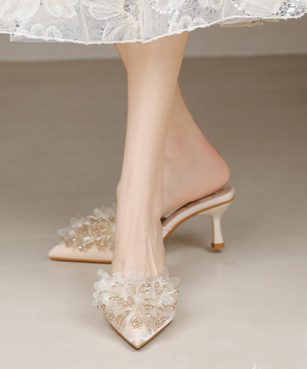 French Apricot Satin Zircon High Heels Slide Sandals