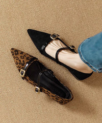 French Leopard Suede Flats Shoes Buckle Strap Pointed Toe