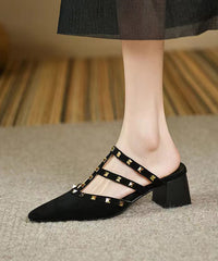 Fashionable Rivet Pointed Chunky Heel Slide Sandals
