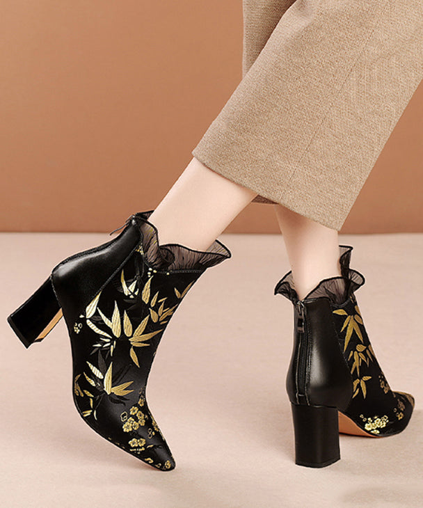 Black Embroidered Silk Splicing Cowhide Leather Chunky Boots