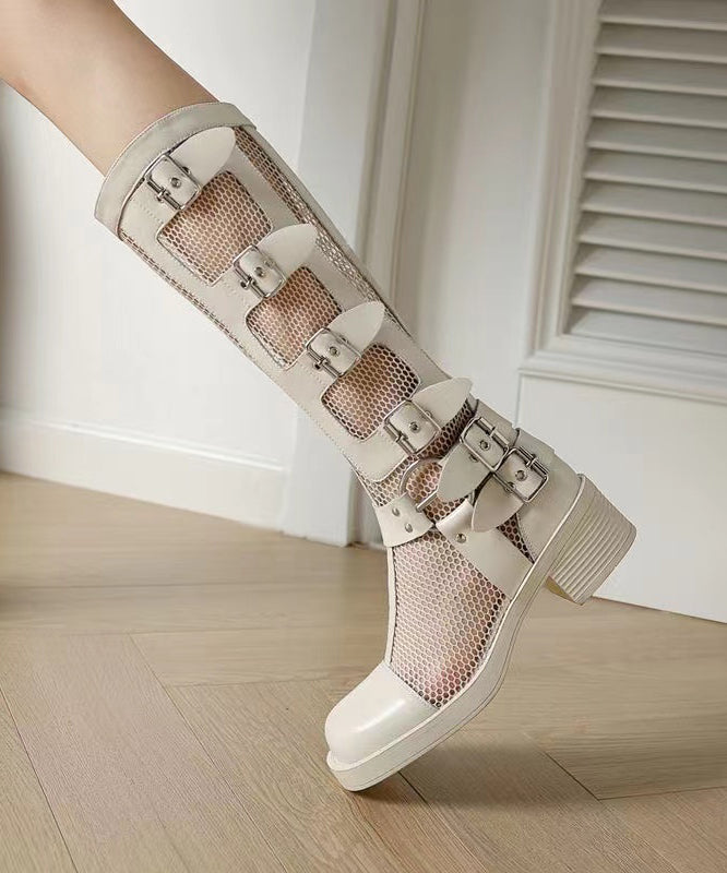Splicing Chunky Hollow Out Breathable Boots Beige Genuine Leather