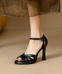 Stylish Hollow Out Buckle Strap High Heel Sandals Black Faux Leather