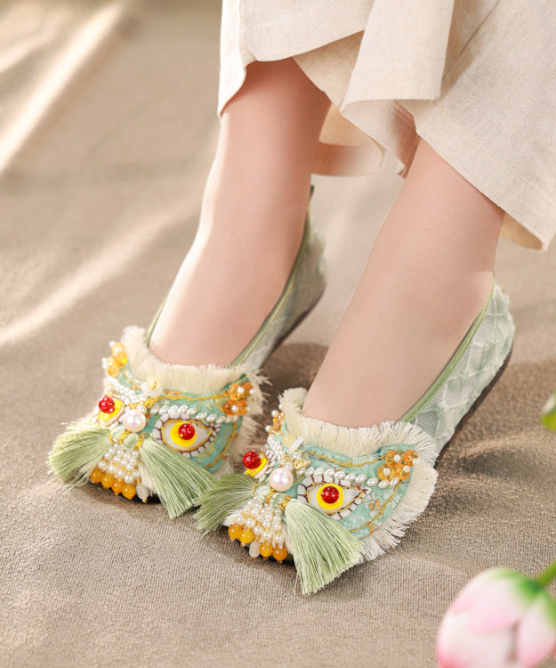 Green Cotton Fabric Flat Shoes Splicing Tassel Nail Bead