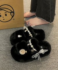 Khaki Nail Bead Bow Platform Teddy Slide Sandals