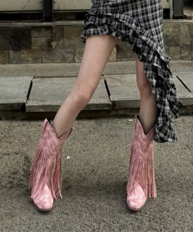 Bohemian Pink Suede Splicing Chunky Boots Tassel