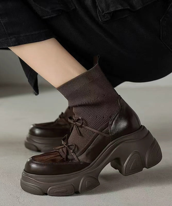 Brown Breathable Mesh Splicing Cowhide Leather Platform Boots