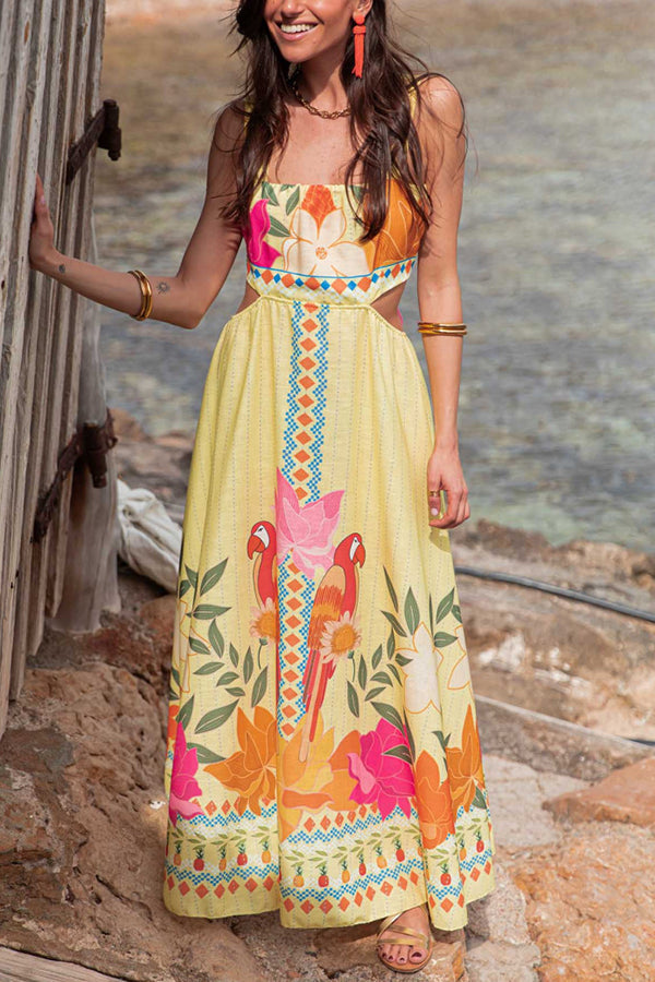 Resort Style Unique Print Square Neck Backless Waist Maxi Dress