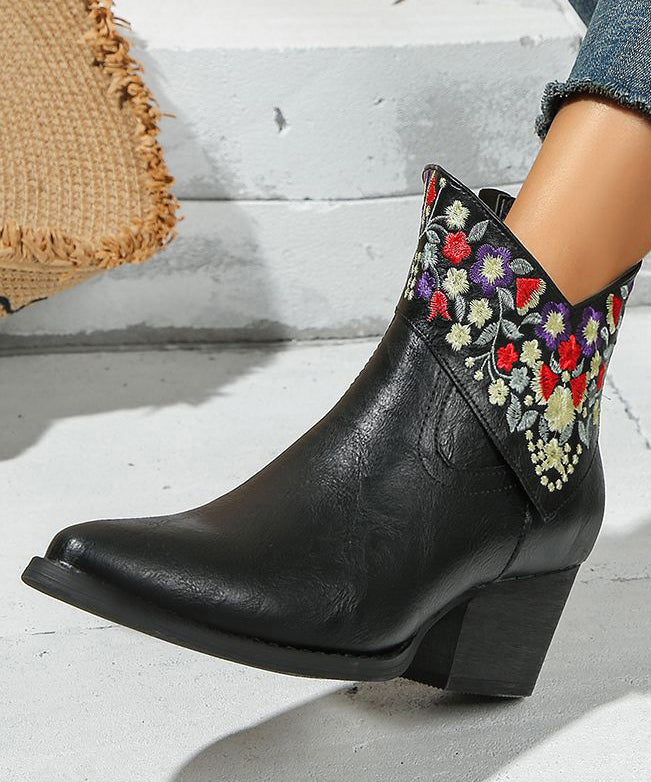 Fine Black Pointed Toe Zippered Faux Leather Splicing Chunky Flat Boots