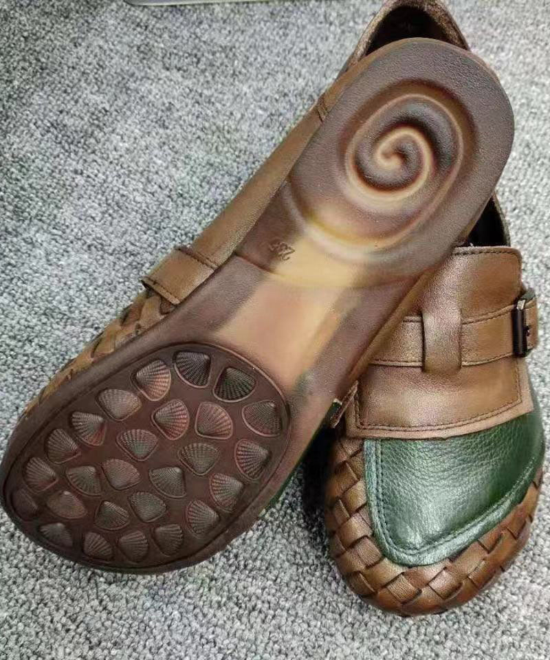 Comfortable Coffee Cowhide Leather Flat Shoes Splicing Flats