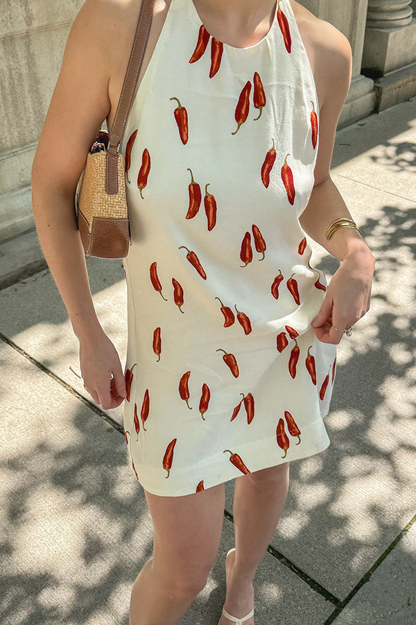 Spicy Chili Pepper Unique Print Soft Fabric Halter Loose Mini Dress
