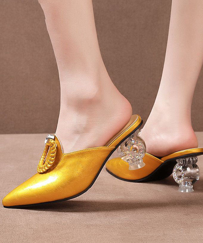 Pointed Toe Chunky Clear Heels Green Cowhide Leather Slide Sandals