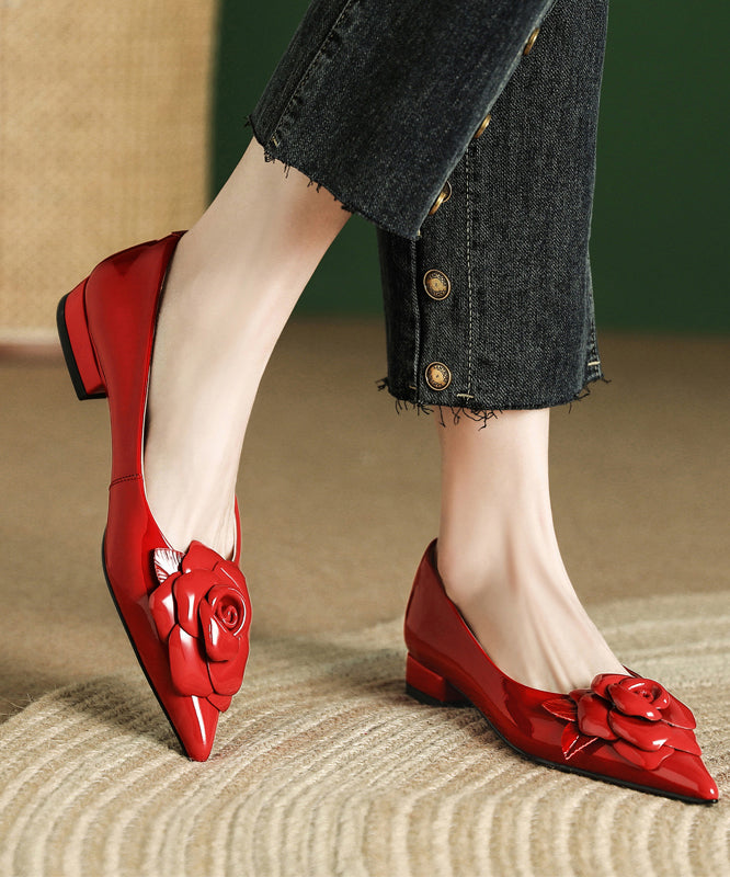 Red Floral Splicing Flat Feet Shoes Pointed Toe