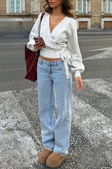 Solid Color Crossover V-neck Tie Elegant Long-sleeved Knit Top