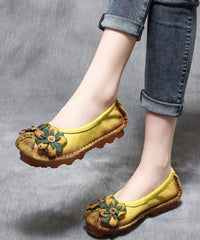 Floral Splicing Flat Shoes Yellow Cowhide Leather