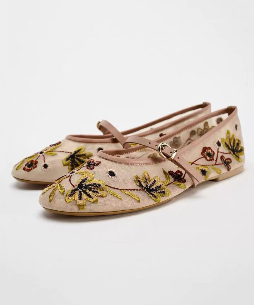 Splicing Flat Shoes Green Breathable Mesh Embroidered