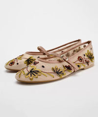 Splicing Flat Shoes Green Breathable Mesh Embroidered