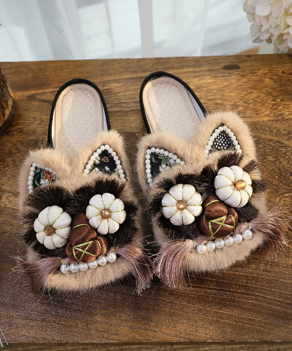 Splicing Slippers Shoes Coffee Embroidery Tassel