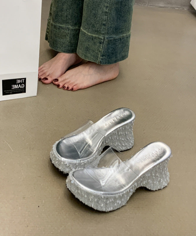 Pink Wedge Fine Sequins Splicing Stylish Slide Sandals