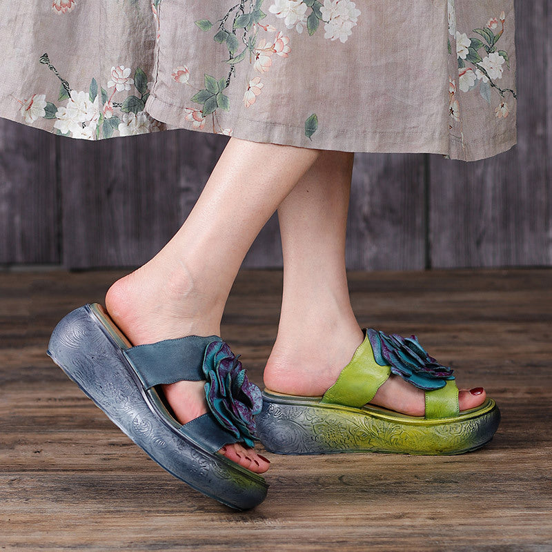 Vintage Leather Floral Platform Slippers