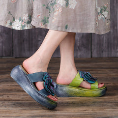 Summer Vintage Leather Floral Platform Slippers