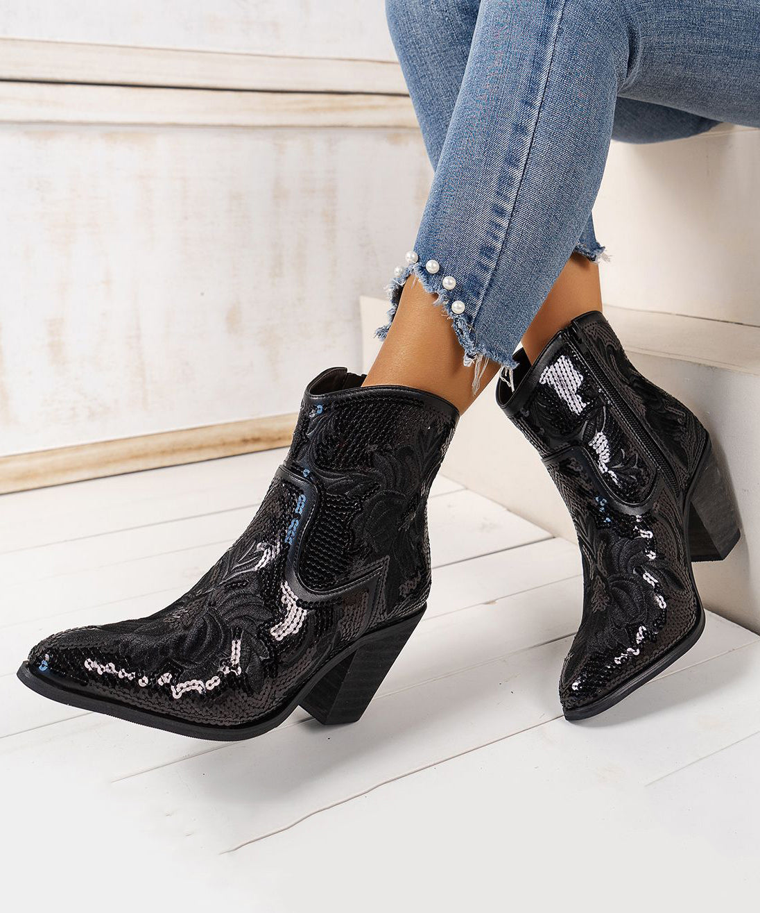 Chic Black Embossed Sequins Cotton Fabric Chunky Ankle Boots
