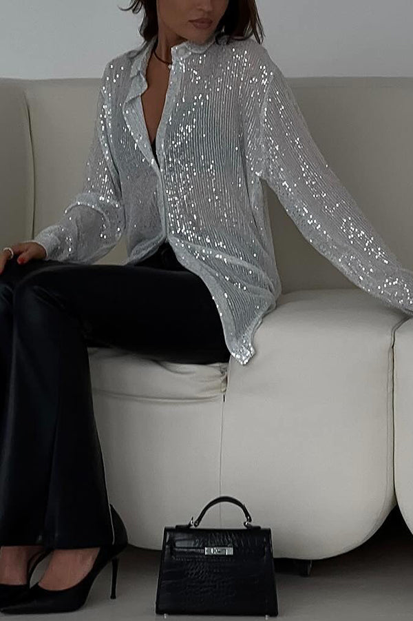 Sequin Lapel Long Sleeve Loose Shirt