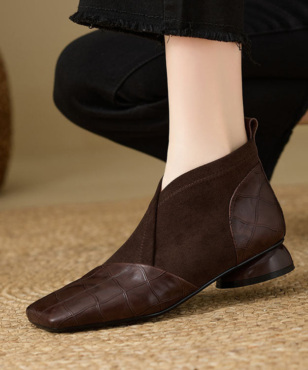 Boutique Embossed Splicing Ankle Boots Black Cowhide Leather