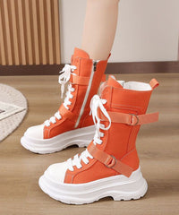 Splicing Lace Up Orange Canvas Motorcycle Platform Boots