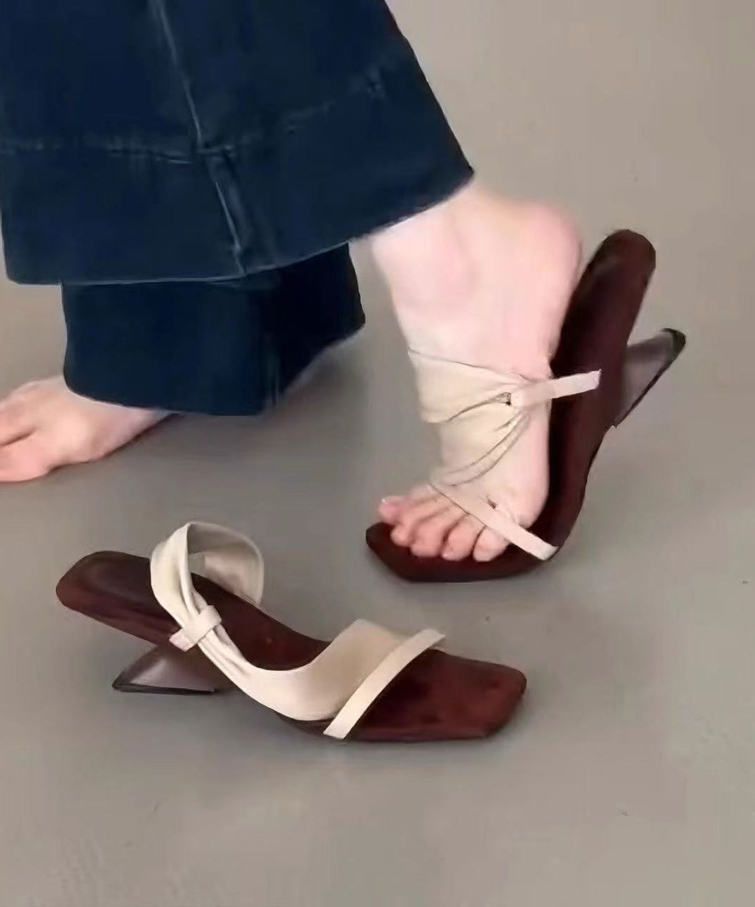 Splicing Apricot Pink Faux Leather Peep Toe Slide Sandals