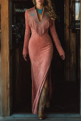 Embroidered Floral Tassel Long-sleeved Slim-fit Maxi Dress