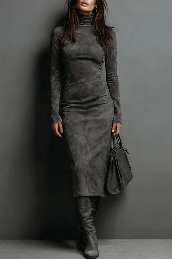 High-neck Long-sleeved Slim-fit Midi Dress