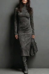 High-neck Long-sleeved Slim-fit Midi Dress