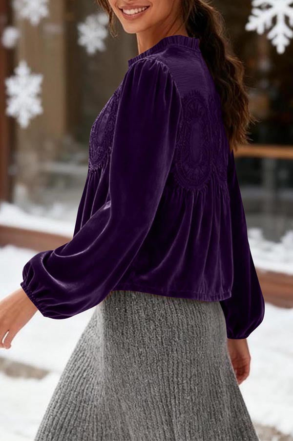 Velvet and Lace Patchwork Loose Long-sleeved Top