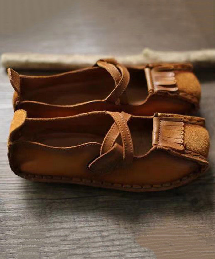 Khaki Buckle Strap Cowhide Leather Flats Shoes