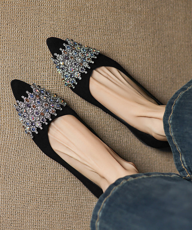 Elegant Zircon Splicing Flat Shoes Silver Sheepskin Pointed Toe