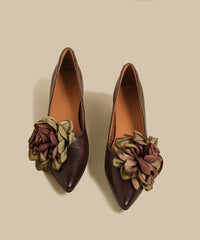 Brown Flower Cowhide Leather Chunky Heel Shoes
