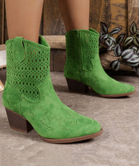 Vintage Green Hollow Out Zippered Suede Chunky Boots