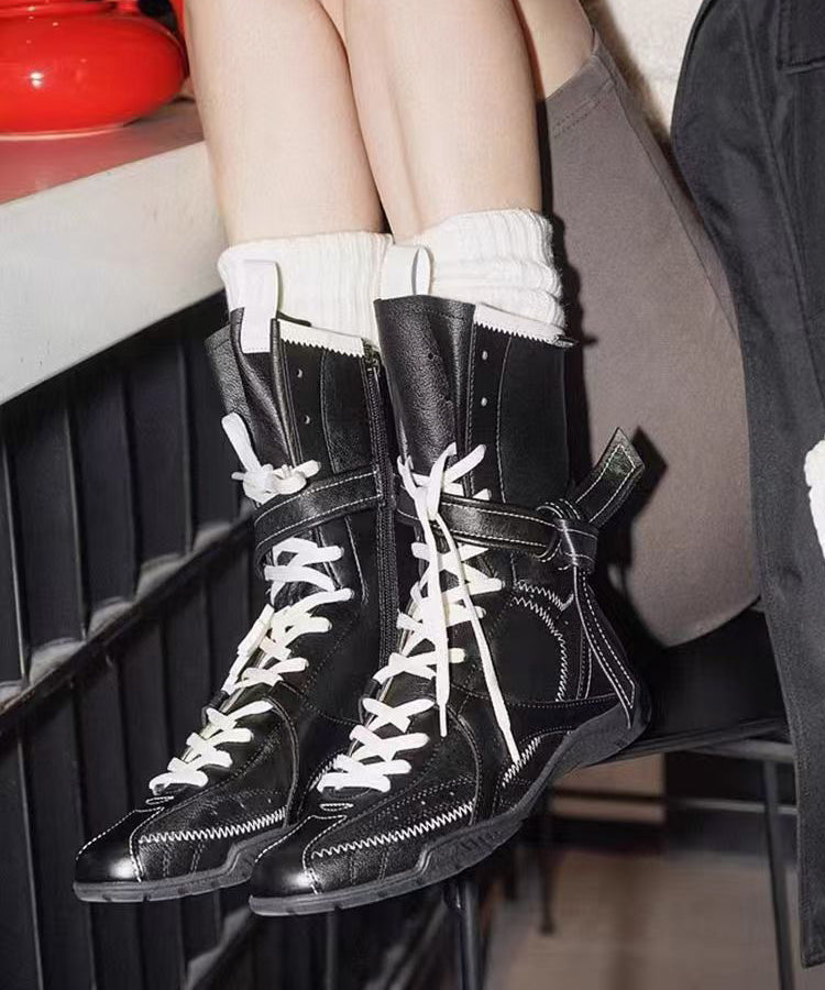 Splicing Boots Black Faux Leather Lace Up