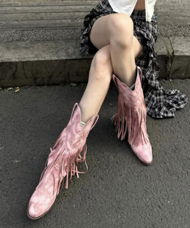 Bohemian Pink Suede Splicing Chunky Boots Tassel