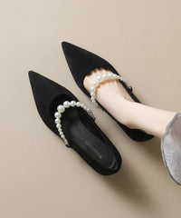 Black Chunky Shoes Suede Classy Pearl Splicing Pointed Toe